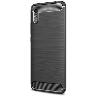 Szilikon hátlapvédő telefontok (közepesen ütésálló, légpárnás sarok, szálcsiszolt, karbon minta), Fekete [Xiaomi Redmi 9A (Redmi 9 AT)]