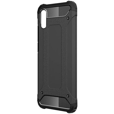Defender műanyag hátlapvédő telefontok (közepesen ütésálló, légpárnás sarok, szilikon belső, fémhatás), Fekete [Xiaomi Redmi 9A (Redmi 9 AT)]