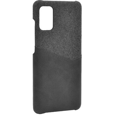 Műanyag hátlapvédő telefontok (közepesen ütésálló, bankkártya tartó, textilbevonat, bőr hatású hátlap), Fekete [Samsung Galaxy A41 (SM-A415F)]