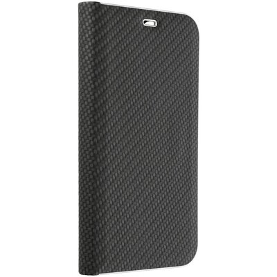 Luna Carbon elegáns karbon mintás flipes oldalra nyíló telefontok, alumínium élekkel - Samsung Galaxy S20 FE / S20 FE 5G, Fekete