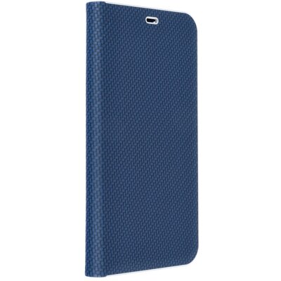 Luna Carbon elegáns karbon mintás flipes oldalra nyíló telefontok, alumínium élekkel - Samsung Galaxy A21s, Kék
