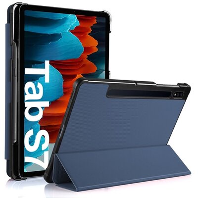 Tablet védőtok álló, bőr hatású (aktív flip, oldalra nyíló, TRIFOLD asztali tartó funkció), Sötétkék [Samsung Galaxy Tab S7 WIFI (SM-T870), Samsung Galaxy Tab S7 LTE (SM-T875)]