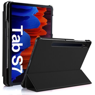 Tablet védőtok álló, bőr hatású (aktív flip, oldalra nyíló, TRIFOLD asztali tartó funkció), Fekete [Samsung Galaxy Tab S7 WIFI (SM-T870), Samsung Galaxy Tab S7 LTE (SM-T875)]