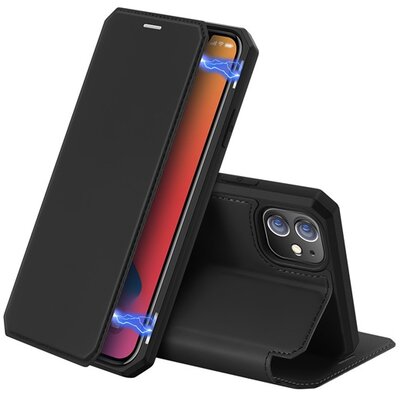 DUX DUCIS SKIN X telefontok álló, bőr hatású (FLIP, oldalra nyíló, asztali tartó, vezeték nélküli töltés támogatás), Fekete [Apple iPhone 12 Pro, Apple iPhone 12]