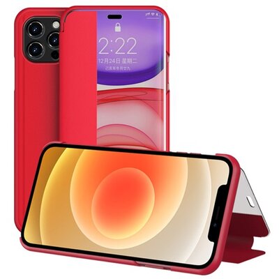 Telefontok álló, bőr hatású (Flip, oldalra nyíló, asztali tartó funkció, hívószámkijelzés, View Window), Piros [Apple iPhone 12 Pro Max]