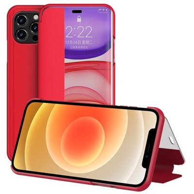 Telefontok álló, bőr hatású (Flip, oldalra nyíló, asztali tartó funkció, hívószámkijelzés, View Window), Piros [Apple iPhone 12 mini]