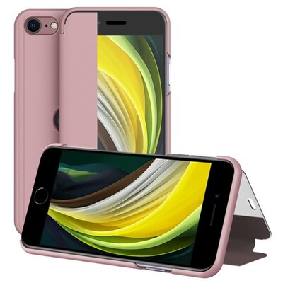 Telefontok álló, bőr hatású (Flip, oldalra nyíló, asztali tartó funkció, hívószámkijelzés, View Window, logo kivágás), Rózsaszín [Apple iPhone 7 4.7, Apple iPhone 8 4.7, Apple iPhone SE (2020)]