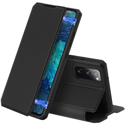 DUX DUCIS SKIN X telefontok álló, bőr hatású (Flip, oldalra nyíló, asztali tartó, vezeték nélküli töltés támogatás), Fekete [Samsung Galaxy S20 FE (SM-G780)]