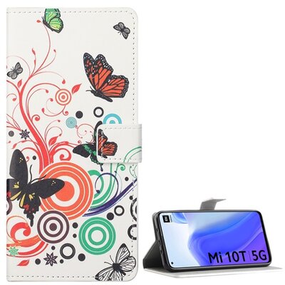 Telefontok álló, bőr hatású (Flip, oldalra nyíló, asztali tartó funkció, pillangó, kör minta), Fehér [Xiaomi Mi 10T 5G, Xiaomi Mi 10T Pro 5G]