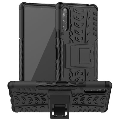 Defender műanyag hátlapvédő telefontok (közepesen ütésálló, szilikon belső, kitámasztó, autógumi minta), Fekete [Sony Xperia L4 (XQ-AD5)]