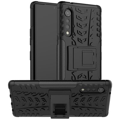 Defender műanyag hátlapvédő telefontok (közepesen ütésálló, szilikon belső, kitámasztó, autógumi minta), Fekete [LG Velvet (G910E), LG Velvet 5G (G900N)]
