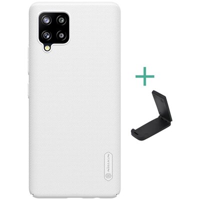 Nillkin Super Frosted műanyag hátlapvédő telefontok (gumírozott, érdes felület + asztali tartó), Fehér [Samsung Galaxy A42 5G (SM-A425F)]