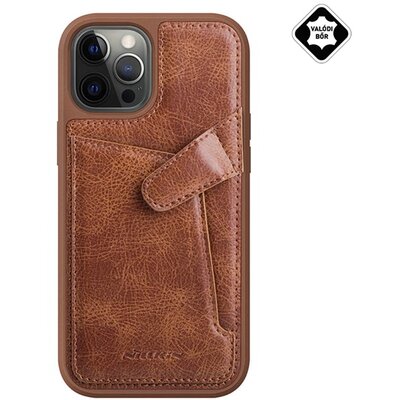 Nillkin Aoge műanyag hátlapvédő telefontok (valódi bőr hátlap, bankkártya tartó), Barna [Apple iPhone 12 Pro Max]