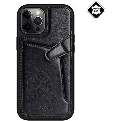 Nillkin Aoge műanyag hátlapvédő telefontok (valódi bőr hátlap, bankkártya tartó), Fekete [Apple iPhone 12 Pro Max]