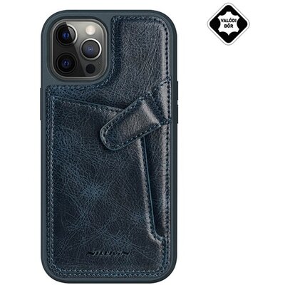 Nillkin Aoge műanyag hátlapvédő telefontok (valódi bőr hátlap, bankkártya tartó), Sötétkék [Apple iPhone 12 Pro Max]