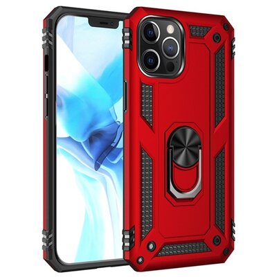 Defender műanyag hátlapvédő telefontok (közepesen ütésálló, szilikon belső, telefontartó gyűrű, beépített fémlemez), Piros [Apple iPhone 12 Pro Max]