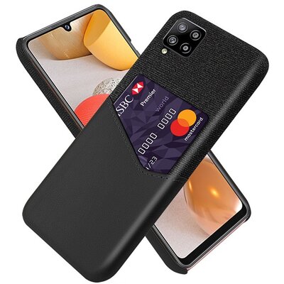 Műanyag hátlapvédő telefontok (közepesen ütésálló, bankkártya tartó, textilbevonat, bőr hatású hátlap), Fekete [Samsung Galaxy A42 5G (SM-A425F)]