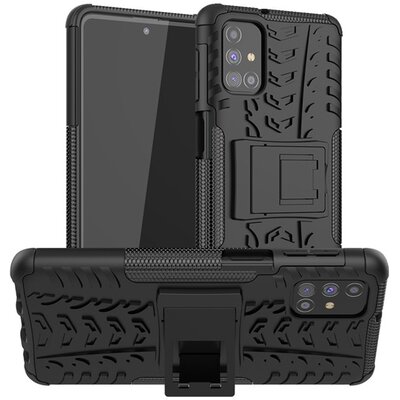 Defender műanyag hátlapvédő telefontok (közepesen ütésálló, szilikon belső, kitámasztó, autógumi minta), Fekete [Samsung Galaxy M31s (SM-M317F)]