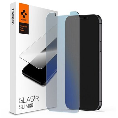 SPIGEN GLASTR SLIM HD kijelzővédő üvegfólia (2.5D full cover, íves, karcálló, kék fény elleni védelem, 0.2mm, 9H) , Átlátszó [Apple iPhone 12 Pro Max]