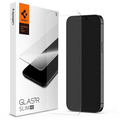 SPIGEN GLASTR SLIM HD kijelzővédő üvegfólia (2.5D full cover, íves, tok barát, karcálló, 0.2mm, 9H) , Átlátszó [Apple iPhone 12 Pro Max]