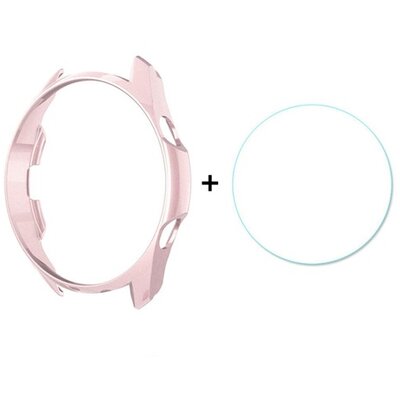 ENKAY műanyag védőkeret (Bumper, ütésálló + kijelzővédő üveg), Rózsaszín [Samsung Galaxy Watch 3 45mm]