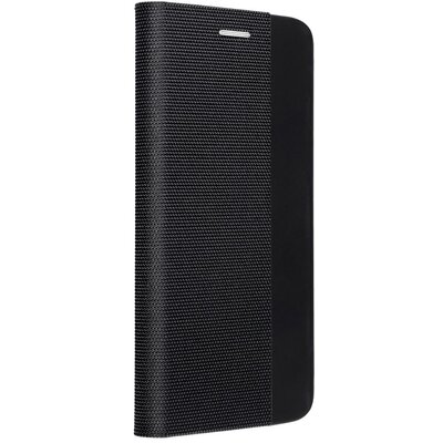 Sensitive dekoratív oldalra nyíló flip textil hatású telefontok bankkártyatartó zsebbel - Samsung Galaxy A42 5G, Fekete