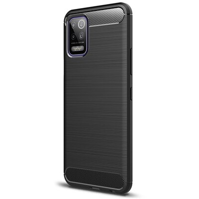 Szilikon hátlapvédő telefontok (közepesen ütésálló, légpárnás sarok, szálcsiszolt, karbon minta), Fekete [LG K52]