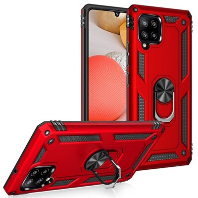 Defender műanyag hátlapvédő telefontok (közepesen ütésálló, szilikon belső, telefontartó gyűrű, beépített fémlemez), Piros [Samsung Galaxy A42 5G (SM-A425F)]