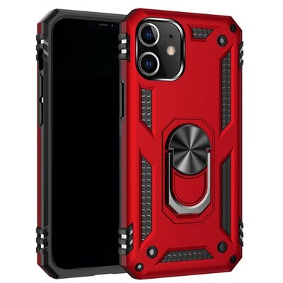 Defender műanyag hátlapvédő telefontok (közepesen ütésálló, szilikon belső, telefontartó gyűrű, beépített fémlemez), Piros [Apple iPhone 12, Apple iPhone 12 Pro]