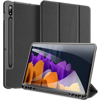 DUX DUCIS DOMO tablet védőtok álló, bőr hatású (aktív flip, oldalra nyíló, Trifold asztali tartó funkció, textil minta), Fekete [Samsung Galaxy Tab S7 Plus WIFI 5G (SM-T976), Samsung Galaxy Tab S7 Plus WIFI (SM-T970)]