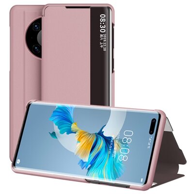 Telefontok álló, bőr hatású (Flip, oldalra nyíló, asztali tartó funkció, hívószámkijelzés, View Window), Rózsaszín [Huawei Mate 40 Pro]