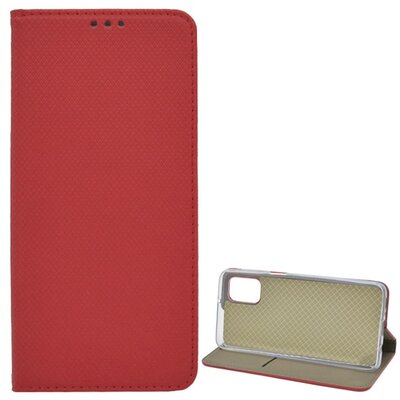 Telefontok álló, bőr hatású (Flip, oldalra nyíló, asztali tartó funkció, rombusz minta), Piros [Samsung Galaxy M31s (SM-M317F)]