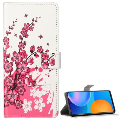 Telefontok álló, bőr hatású (Flip, oldalra nyíló, asztali tartó funkció, virág minta), Fehér [Huawei P Smart (2021)]