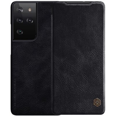 Nillkin Qin telefontok álló, bőr hatású (aktív flip, oldalra nyíló, bankkártya tartó), Fekete [Samsung Galaxy S21 Ultra (SM-G998) 5G]