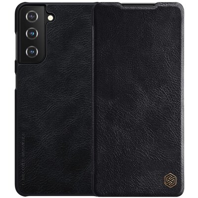 Nillkin Qin telefontok álló, bőr hatású (aktív flip, oldalra nyíló, bankkártya tartó), Fekete [Samsung Galaxy S21+ Plus (SM-G996) 5G]