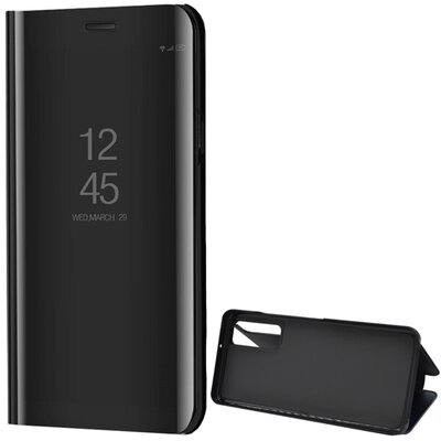 Telefontok álló (aktív flip, oldalra nyíló, asztali tartó funkció, tükrös felület, Mirror View Case), Fekete [Huawei P Smart (2021)]