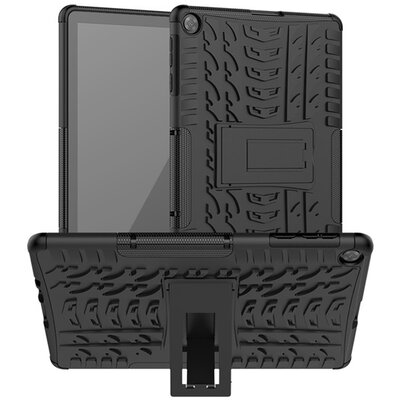 Defender műanyag tablet hátlapvédő (közepesen ütésálló, szilikon belső, kitámasztó, autógumi minta), Fekete [Huawei MatePad T10s WIFI (AGS3-W09), Huawei MatePad T10s LTE (AGS3-L09), Huawei MatePad T10 LTE (AGR-L09)]