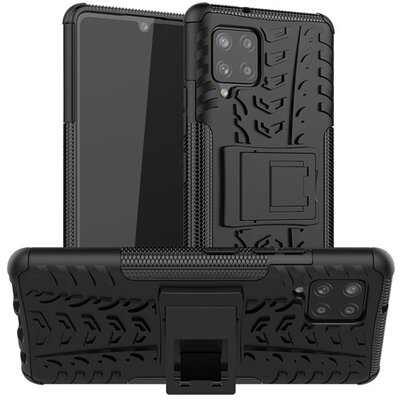 Defender műanyag hátlapvédő telefontok (közepesen ütésálló, szilikon belső, kitámasztó, autógumi minta), Fekete [Samsung Galaxy A42 5G (SM-A425F)]