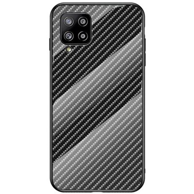 Hátlapvédő telefontok szilikon keret (BUMPER, edzett üveg hátlap, karbon minta), Fekete [Samsung Galaxy A42 5G (SM-A425F)]