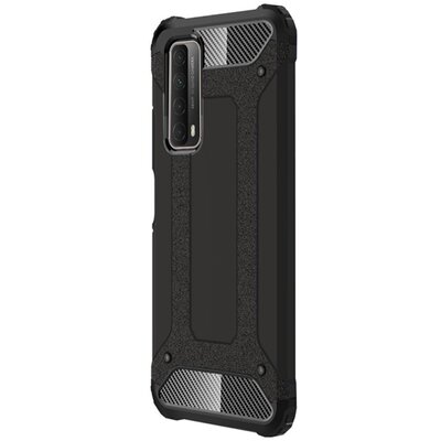 Defender műanyag hátapvédő telefontok (közepesen ütésálló, légpárnás sarok, szilikon belső, fémhatás), Fekete [Huawei P Smart (2021)]