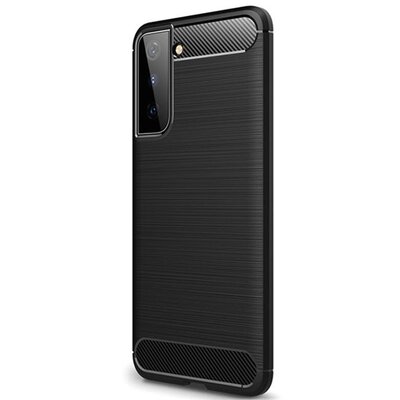 Szilikon hátlapvédő telefontok (közepesen ütésálló, légpárnás sarok, szálcsiszolt, karbon minta), Fekete [Samsung Galaxy S21+ Plus (SM-G996) 5G]