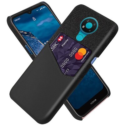 Műanyag hátlapvédő telefontok (közepesen ütésálló, bankkártya tartó, textilbevonat, bőr hatású hátlap), Fekete [Nokia 3.4]