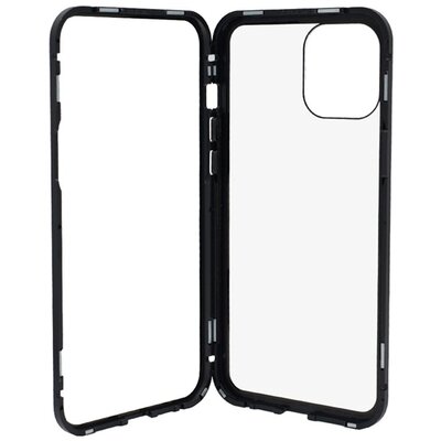 Alumínium hátlapvédő telefontok (mágneses, közepesen ütésálló, edzett üveg hátlap, 9H), Fekete [Apple iPhone 12 Pro Max]