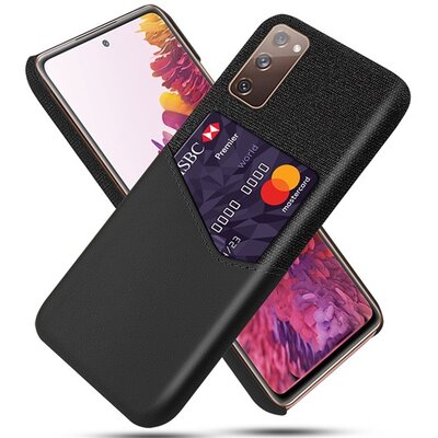 Műanyag hátlapvédő telefontok (közepesen ütésálló, bankkártya tartó, textilbevonat, bőr hatású hátlap), Fekete [Samsung Galaxy S20 FE (SM-G780)]