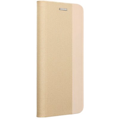 Sensitive dekoratív oldalra nyíló flip textil hatású telefontok bankkártyatartó zsebbel - Samsung Galaxy A12, Arany