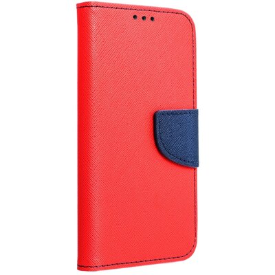 Oldalra nyíló flip telefontok, kellemes bőr hatású, bankkártya zseb, kitámasztható - Samsung Galaxy A12, Piros-Tengerkék