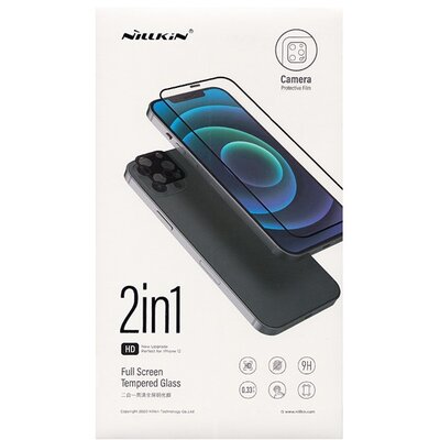 NILLKIN kijelzővédő üvegfólia 2in1 (3D full cover, íves, karcálló, 0.33mm, 9H + kameravédő fólia), Fekete [Apple iPhone 12 Pro Max]