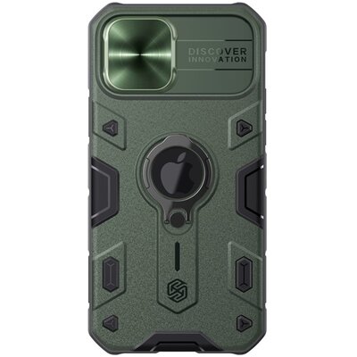 Nillkin Camshield Armor defender műanyag hátlapvédő telefontok (közepesen ütésálló, telefontartó gyűrű, logó kivágás), Sötétzöld [Apple iPhone 12, Apple iPhone 12 Pro]