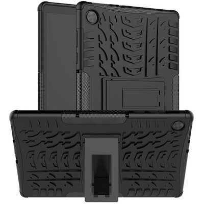 Defender műanyag tablet hátlap védőtok (közepesen ütésálló, szilikon belső, kitámasztó, autógumi minta), Fekete [Lenovo Tab M10 HD (TB-X306F)]
