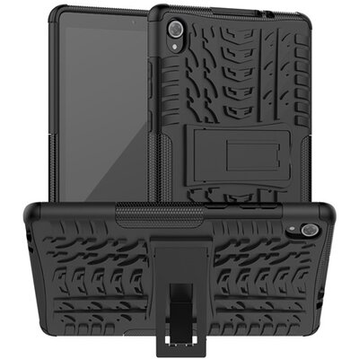 Defender műanyag tablet hátlap védőtok (közepesen ütésálló, szilikon belső, kitámasztó, autógumi minta), Fekete [Lenovo Tab M8 (TB-8505X) LTE, Lenovo Tab M8 (TB-8505F) WIFI]